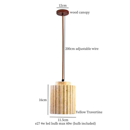 Yellow travertine cement led pendant light with fluted cylindrical shade and wooden canopy for bedroom decorbites cement led