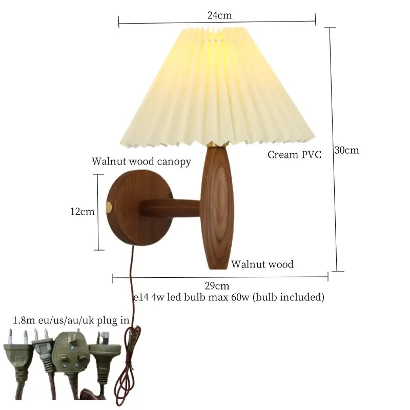 Japanese walnut wood wall lamps with cream pvc pleated shade cream pvc led bedroom sconce decorbites cream pvc