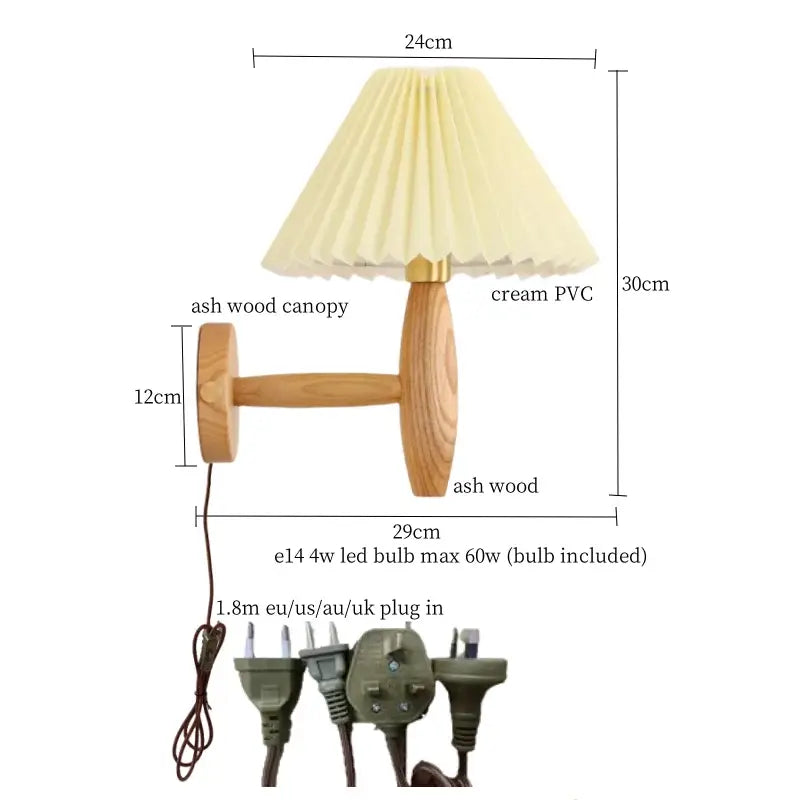 Japanese walnut wood cream pvc led wall lamps with a cream-colored pleated pvc shade and ash wood arm for bedroom decorbites cream pvc