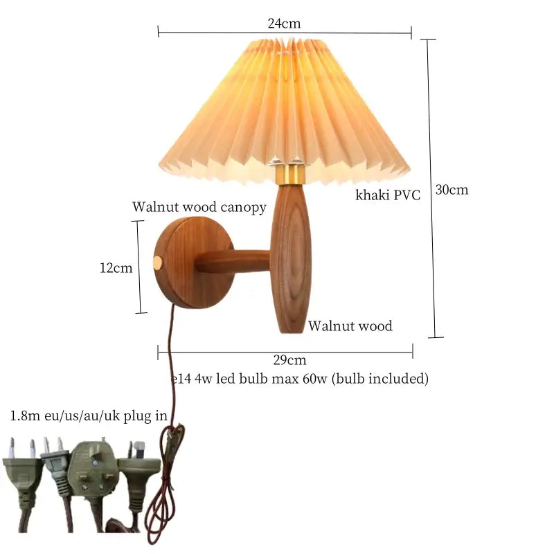Walnut wood wall lamp with pleated khaki decorbites cream pvc led lampshade for bedroom sconce lighting