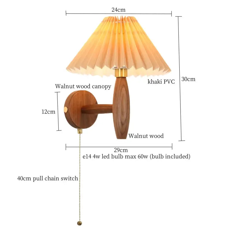 Walnut wood wall lamps with pleated khaki decorbites cream pvc led shade for bedroom sconce lighting
