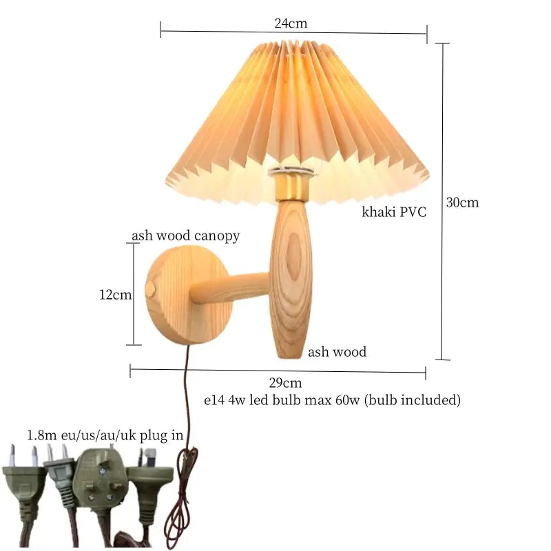 A rustic wall lamp with a natural ash wood stem and cream pvc led pleated shade for bedroom decorbites cream pvc