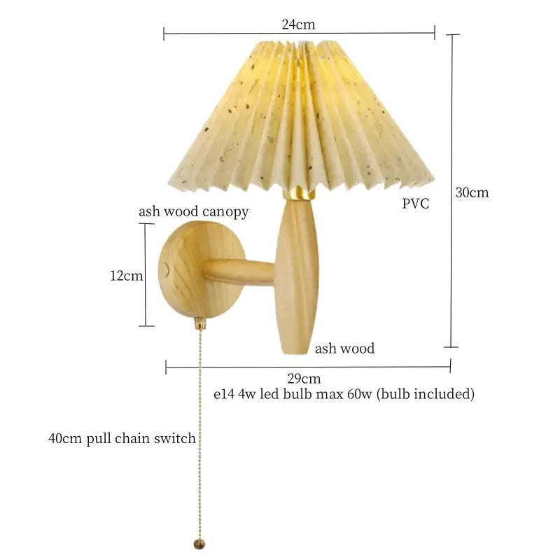 A warm-toned pleated cream pvc led wall lamp with natural ash wood canopy and stem for bedroom decorbites cream pvc