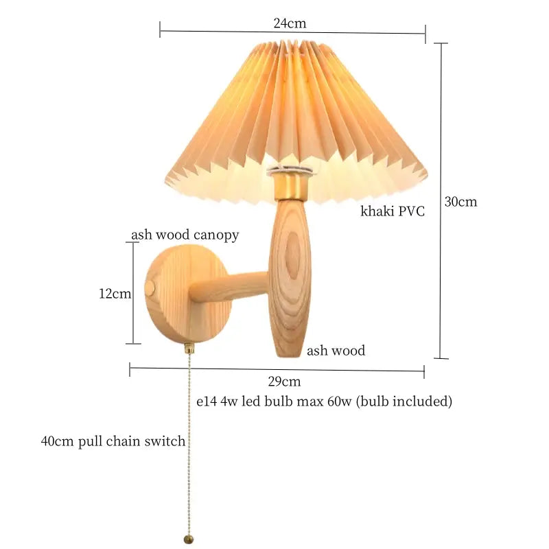 A warm-toned Japanese walnut wood cream pvc led wall lamp with pleated khaki shade and wooden arm for bedroom decor
