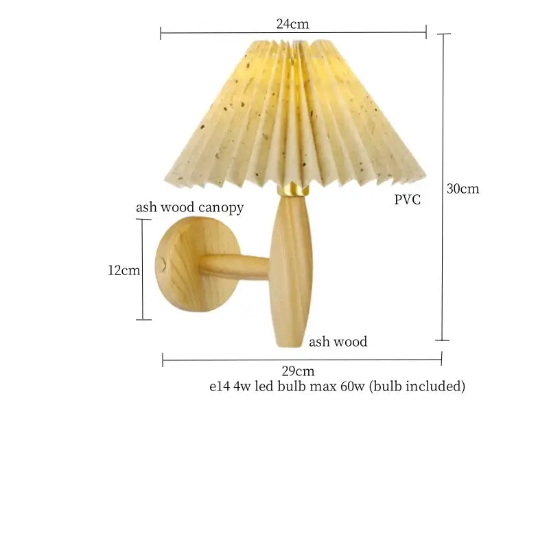 Japanese walnut wood cream pvc led wall lamps with warm-toned pleated cream pvc shade and natural ash wood base
