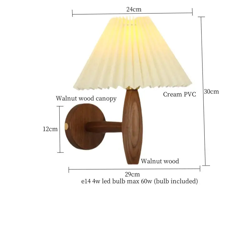 A warm-toned japanese walnut wood cream pvc led wall lamp with a pleated cream pvc shade for bedroom decorbites wall lamps