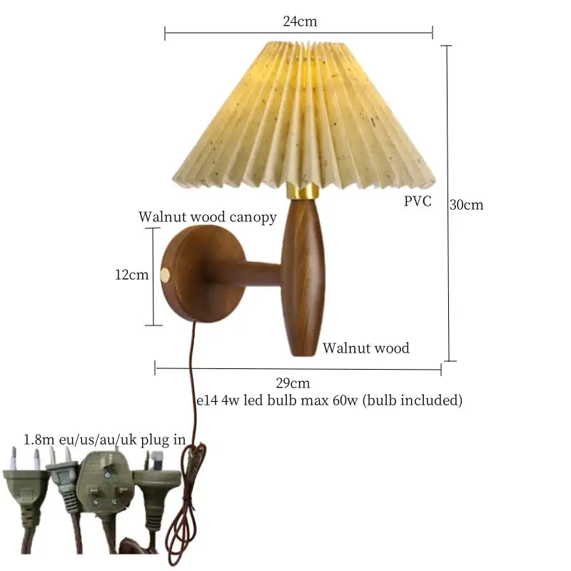 A warm-toned cream pvc led wall lamp with pleated shade on japanese walnut wood canopy for bedroom decorbites