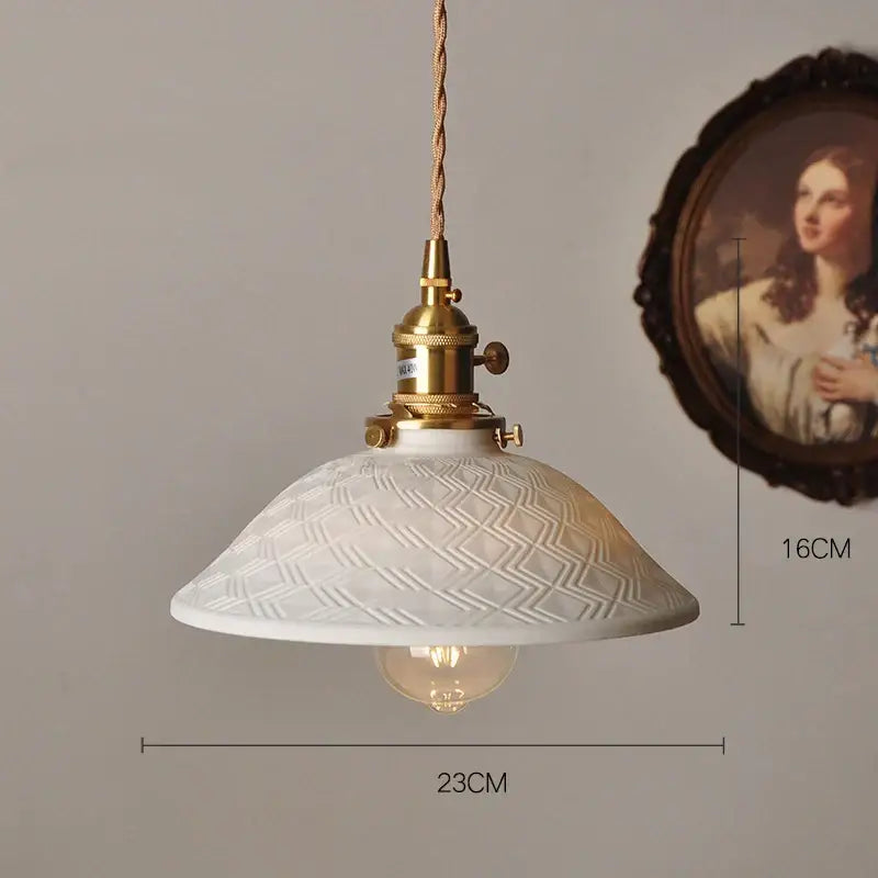 Japanese white fluted ceramic pendant light with geometric embossed pattern and polished copper finish kitchen lighting