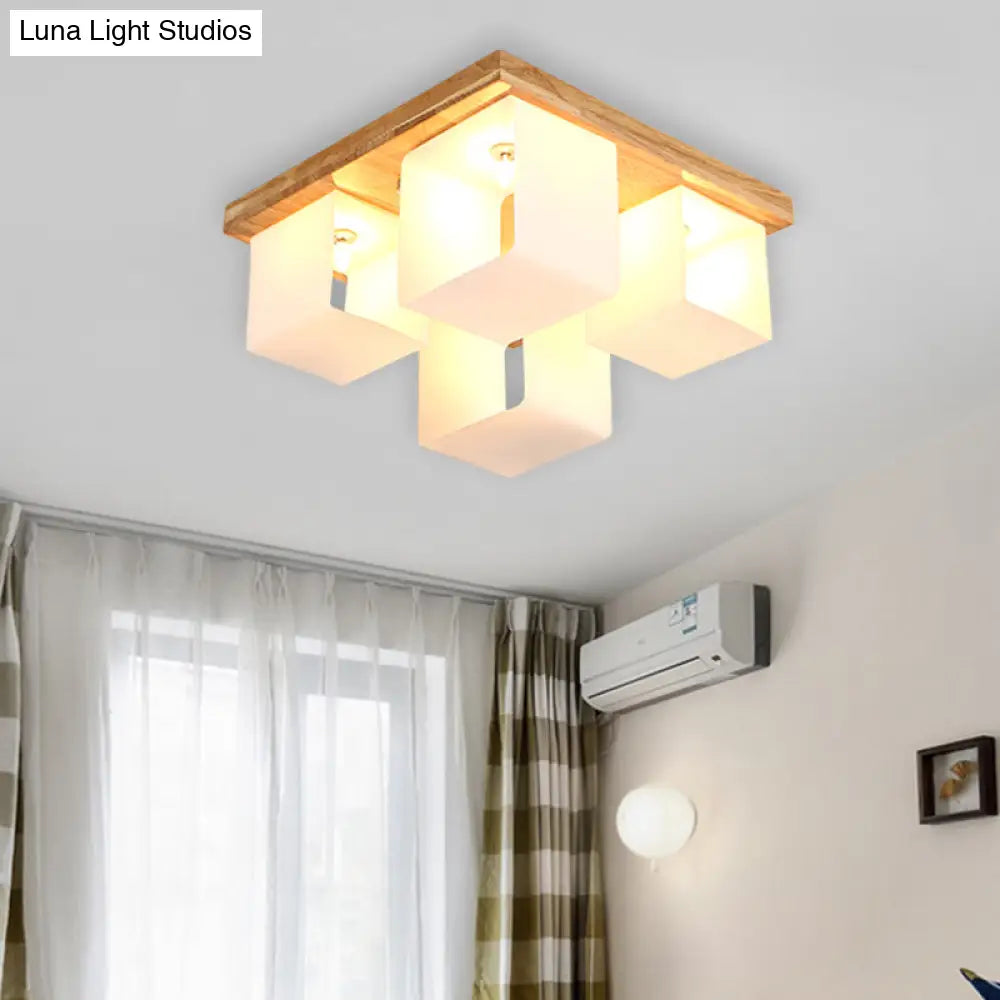 DecorBites™ DecorBites™ Japanese White Glass Wood LED Flush Ceiling Cube Frame Fixture - 4-Head Flush Mount Lighting
