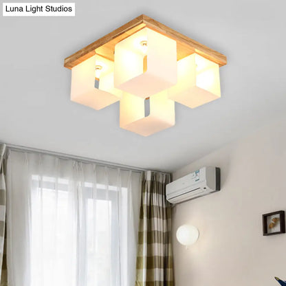 DecorBites™ DecorBites™ Japanese White Glass Wood LED Flush Ceiling Cube Frame Fixture - 4-Head Flush Mount Lighting