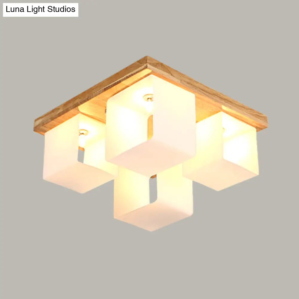 DecorBites™ DecorBites™ Japanese White Glass Wood LED Flush Ceiling Cube Frame Fixture - 4-Head Flush Mount Lighting