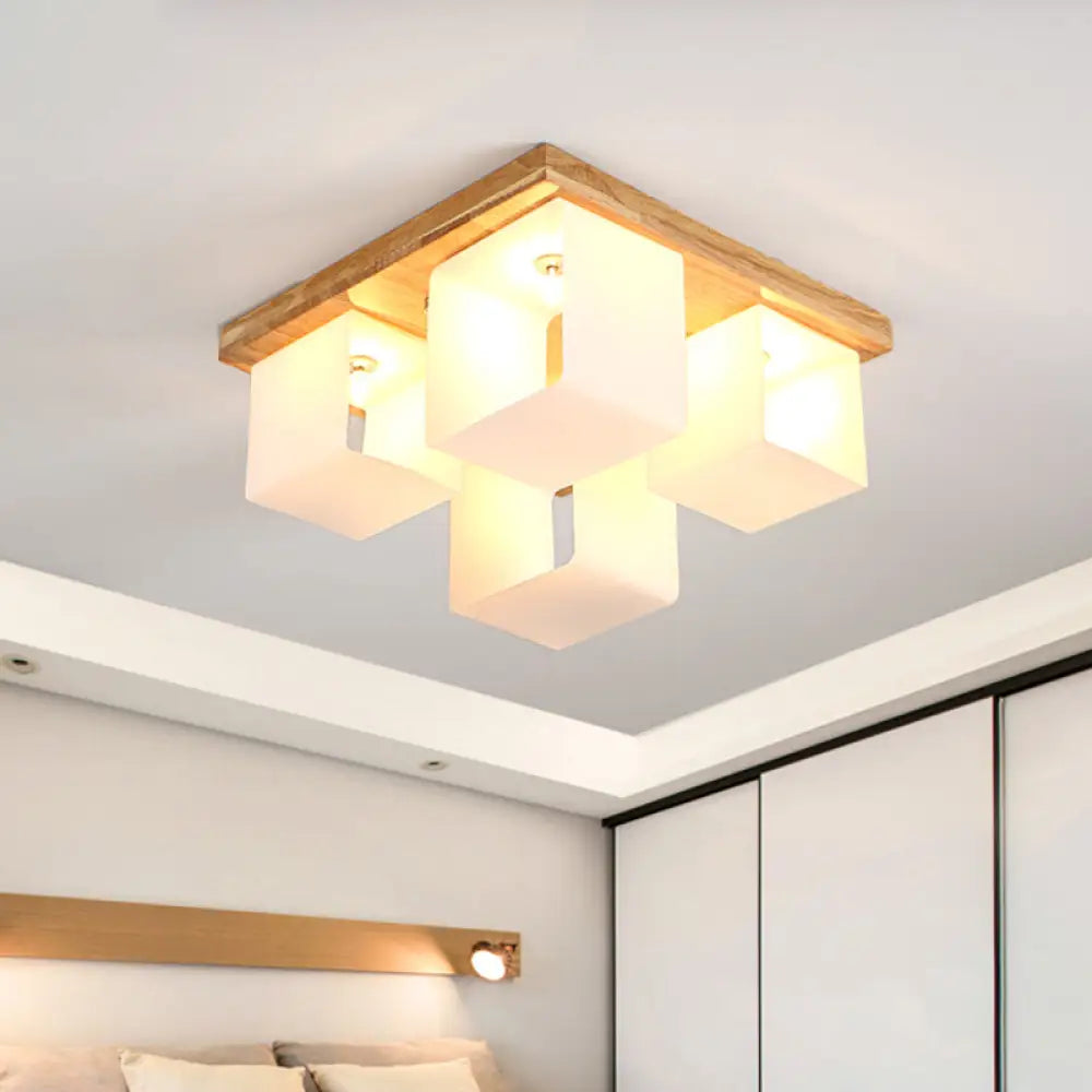 DecorBites™ DecorBites™ Japanese White Glass Wood LED Flush Ceiling Cube Frame Fixture - 4-Head Flush Mount Lighting