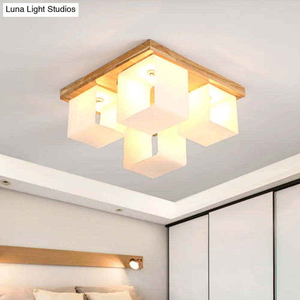 DecorBites™ DecorBites™ Japanese White Glass Wood LED Flush Ceiling Cube Frame Fixture - 4-Head Flush Mount Lighting