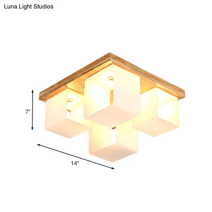 DecorBites™ DecorBites™ Japanese White Glass Wood LED Flush Ceiling Cube Frame Fixture - 4-Head Flush Mount Lighting