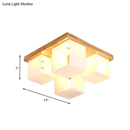 DecorBites™ DecorBites™ Japanese White Glass Wood LED Flush Ceiling Cube Frame Fixture - 4-Head Flush Mount Lighting