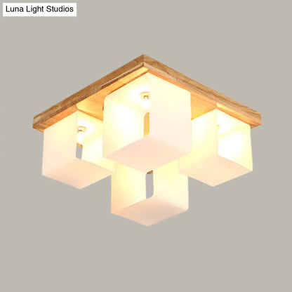 DecorBites™ DecorBites™ Japanese White Glass Wood LED Flush Ceiling Cube Frame Fixture - 4-Head Flush Mount Lighting