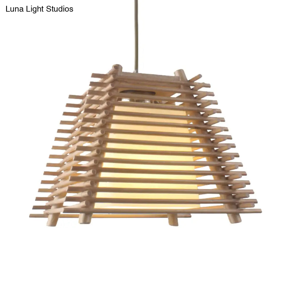 Japanese Wood Trapezoid Pendant Light with White Glass Shade - 1-Light Wooden Hanging Fixture for Bedroom