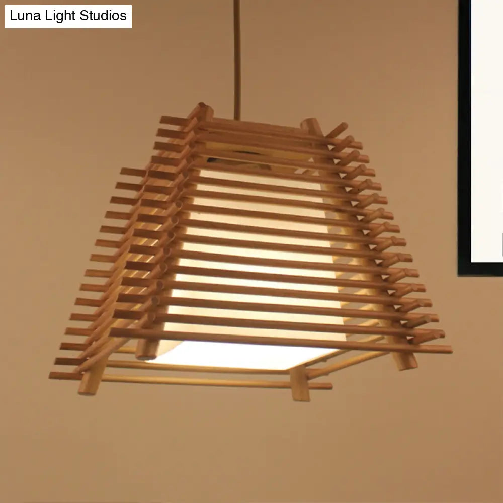 Japanese Wood Trapezoid Pendant Light with White Glass Shade - 1-Light Wooden Hanging Fixture for Bedroom