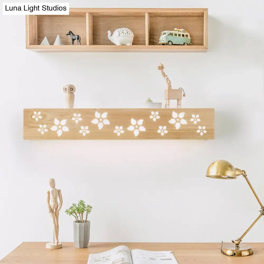 Japanese wooden floral wall lamp with light wood shelf and internal illumination for bedroom use