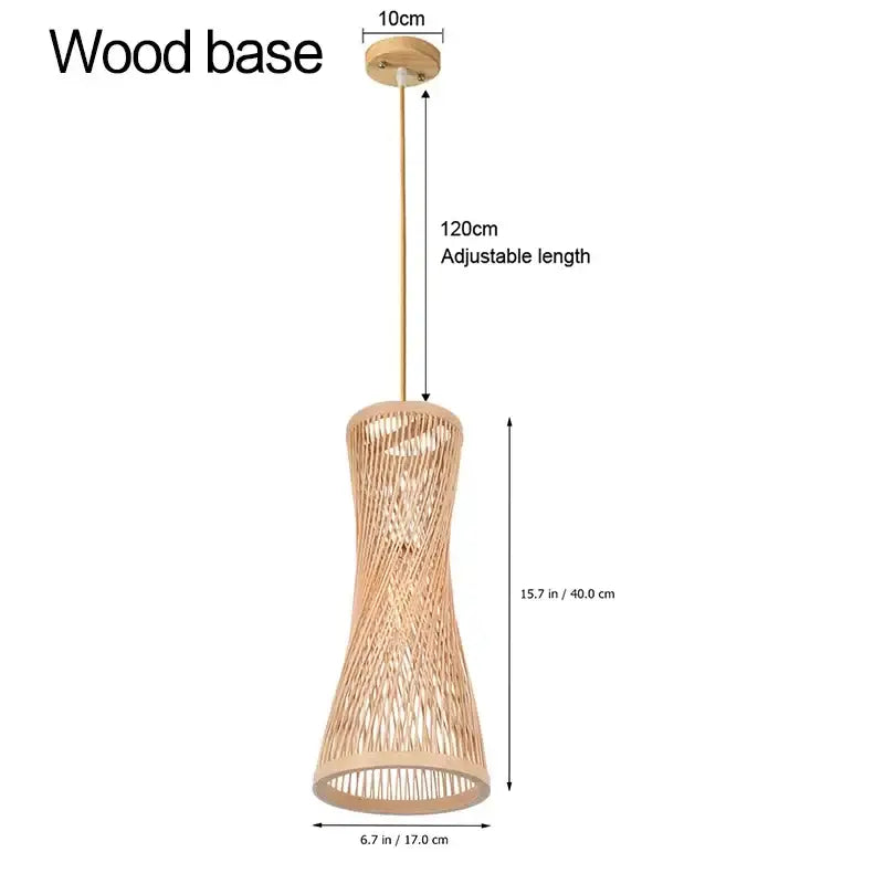 Natural finish woven pendant light made of Japanese bamboo with a wooden base and adjustable length for dining room use