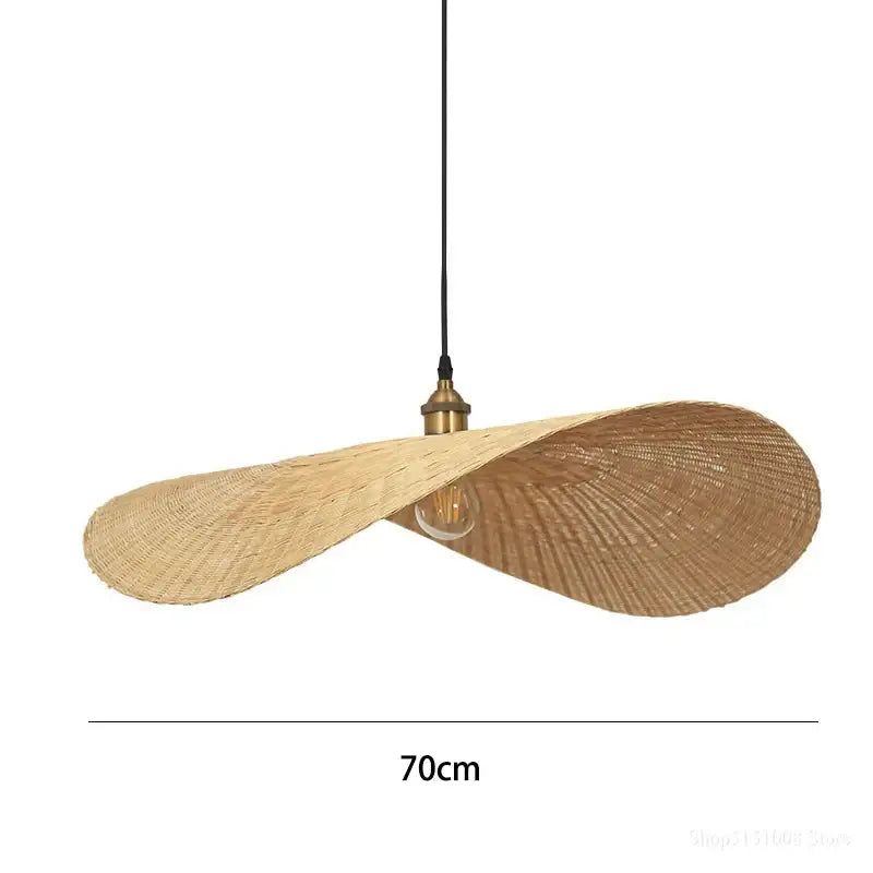 A light-brown woven rattan decorbites bamboo chandelier with twisted fan design and brass hardware for living room