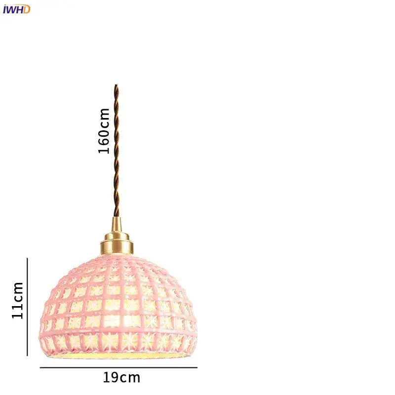 Pink dome-shaped ceramic led pendant light with textured grid pattern and brass accents for dining room decorbites ceramic led