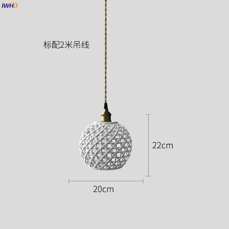 White spherical pendant light with woven lattice design and brass hardware for Japanese woven gray and blue ceramic led pendant lights