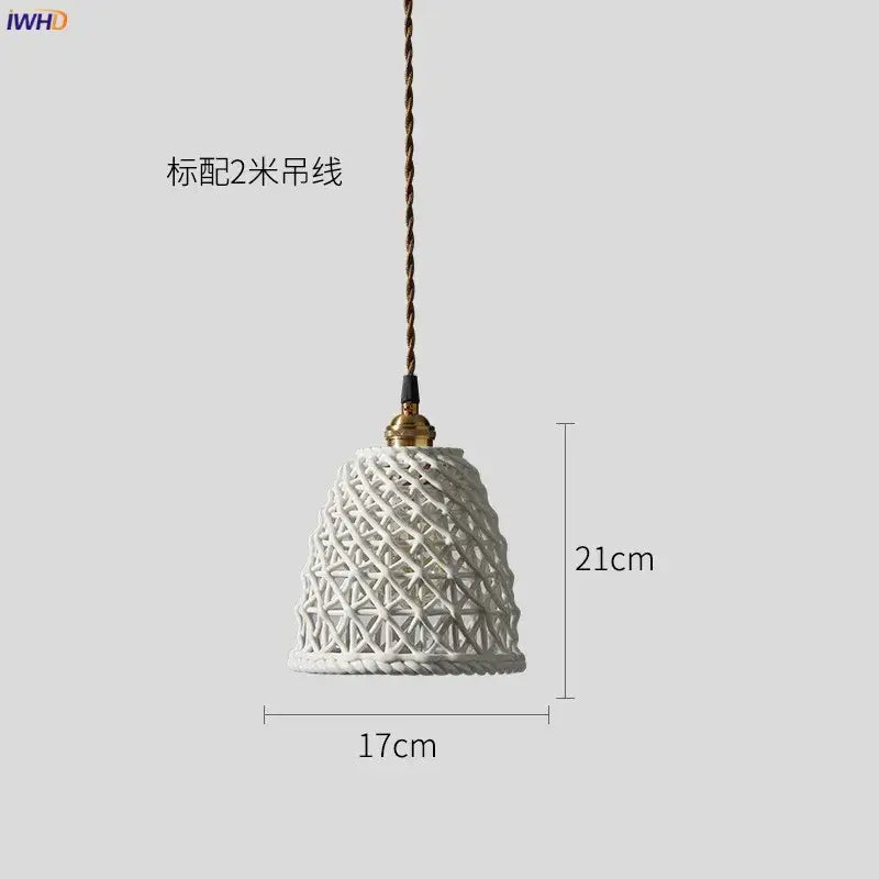 White woven ceramic led pendant light with gold-toned metal fixture and twisted brass chain for dining room decorbites ceramic led