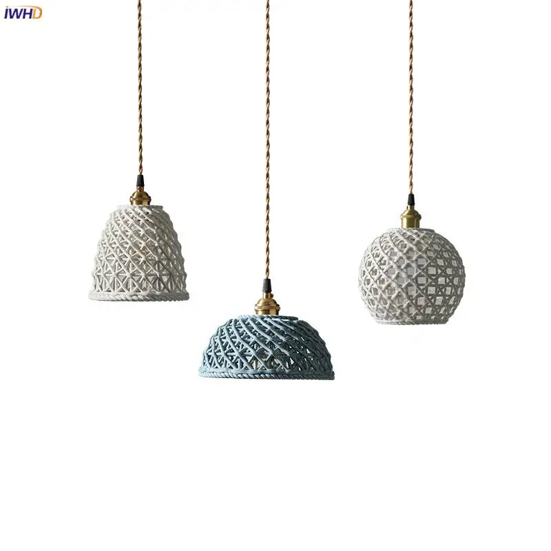 Three japanese woven ceramic led pendant lights in muted gray and blue tones ideal for dining room decorbites ceramic led