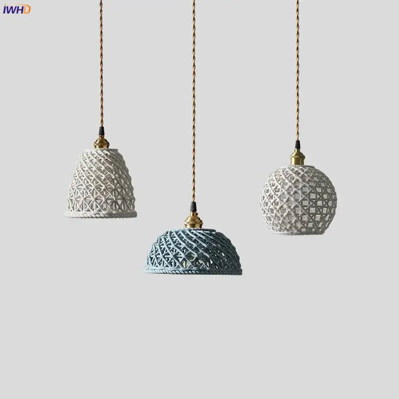 Three ceramic led pendant lights with woven white and light blue lattice shades and twisted gold cords for dining room decorbites ceramic led