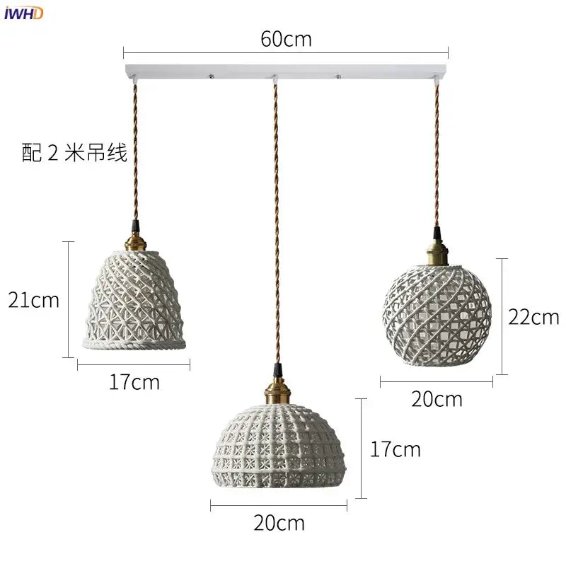 Set of three white textured ceramic led pendant lights with brass accents and twisted cord for dining room decorbites ceramic led