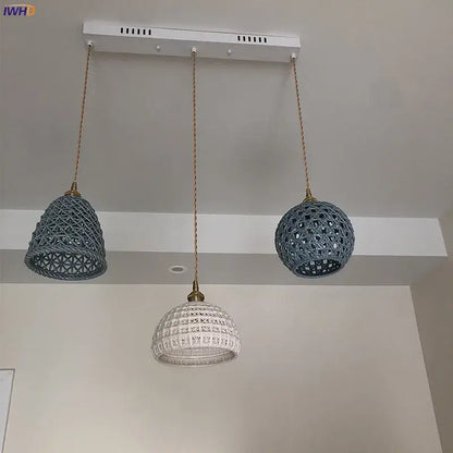 Set of three gray and white woven rattan ceramic led pendant lights with brass chains for dining room decorbites ceramic led