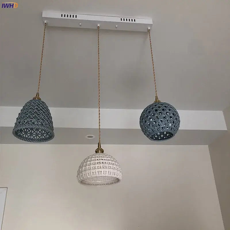 Set of three gray and white woven rattan ceramic led pendant lights with brass chains for dining room decorbites ceramic led