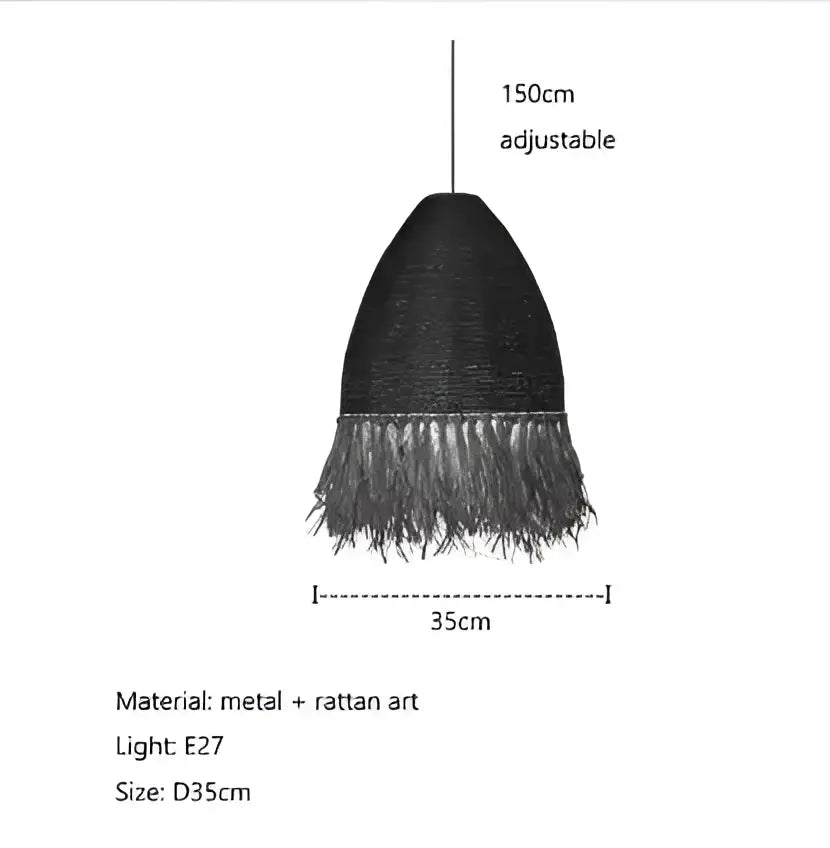 Black handmade rattan pendant light with fringed Japanese woven straw detailing and metal suspension chain for living room decorbites handmade rattan