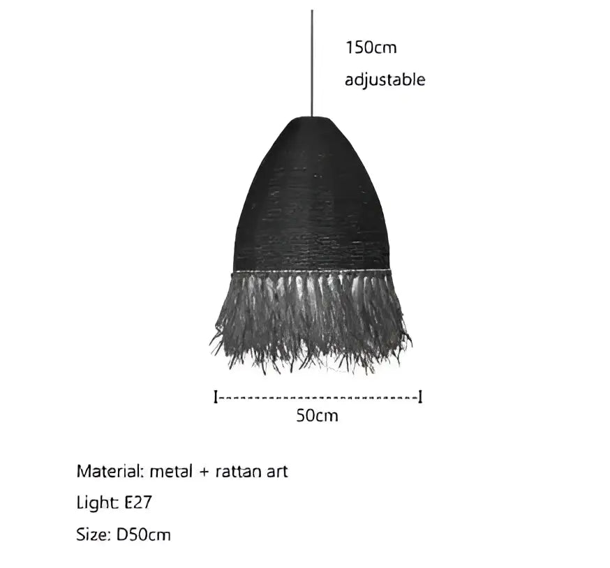 Black metal and rattan handmade rattan pendant light with fringed conical design for living room decorbites pendant light