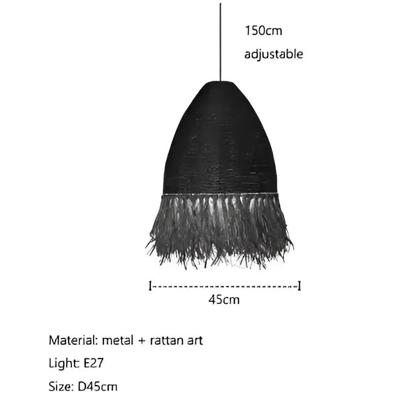 Black metal and rattan handmade rattan pendant light with fringed textured finish for living room decorbites handmade rattan