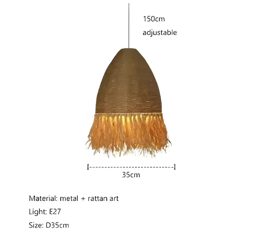Brown conical pendant light with natural-colored rattan fringe made from metal and handmade rattan by decorbites for living room decor