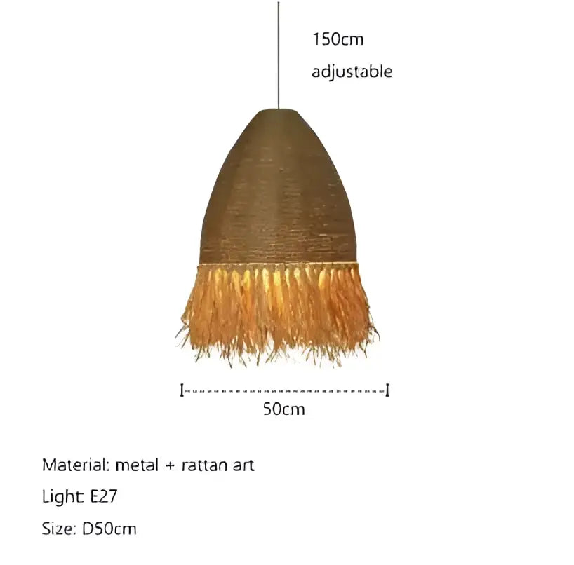 Brown conical handmade rattan pendant light with golden-brown woven fringe for living room decorbites handmade rattan