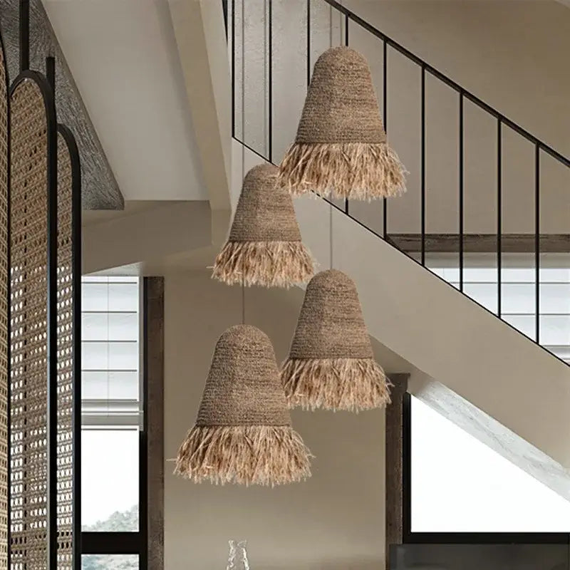 Japanese woven straw fringed pendant light with cone-shaped woven body and natural fiber decorbites handmade rattan design