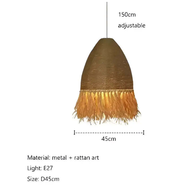 Japanese woven straw handmade rattan pendant light with rustic brown finish and golden-yellow tassel for living room decorbites