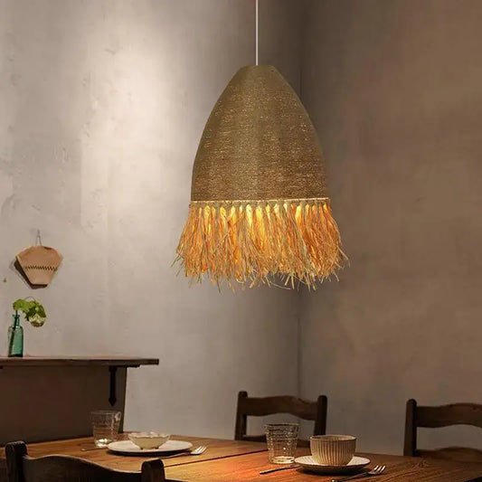 Japanese woven straw fringed pendant light in warm tones handmade rattan pendant perfect for living room decorbites design