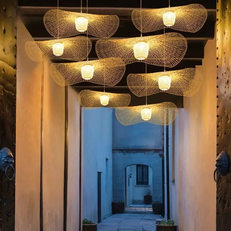 Elegant japanese woven wave bamboo pendant chandelier with natural golden hue and intricate fan-shaped design for dining room decorbites bamboo pendant