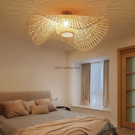 Japanese woven wave bamboo pendant chandelier with golden brown lattice pattern for dining room decorbites bamboo pendant