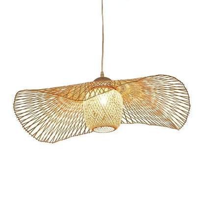 Japanese woven wave bamboo pendant chandelier with warm-toned fan canopy and illuminated globe by decorbites bamboo pendant