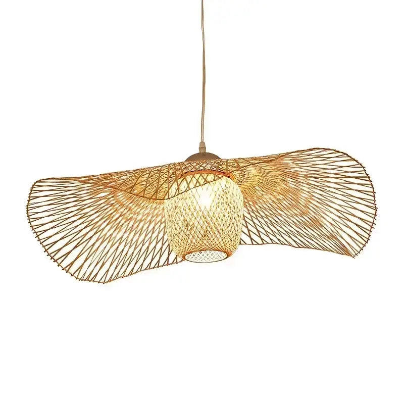 Japanese woven wave bamboo pendant chandelier with warm-toned fan canopy and illuminated globe by decorbites bamboo pendant