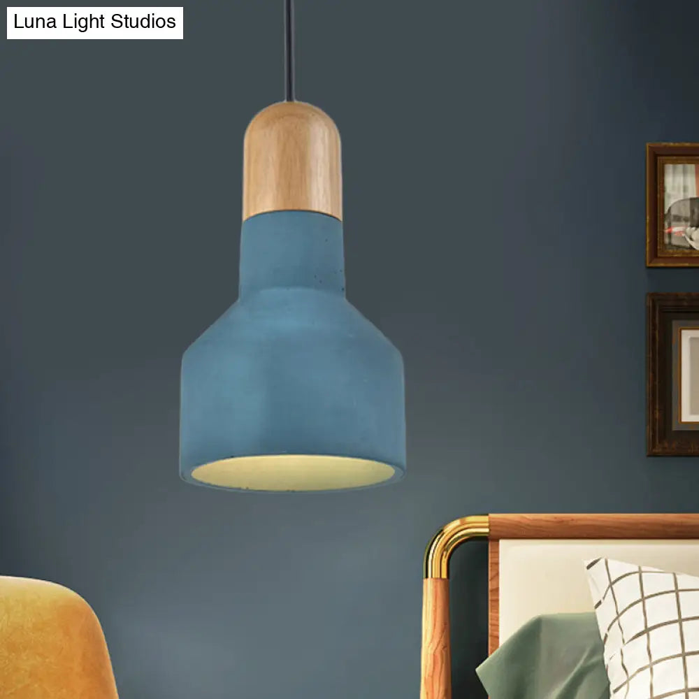 Jar Pendant Light Kit: Industrial Grey/Red/Blue Cement Hanging Lamp with Wood Top - 1-Bulb