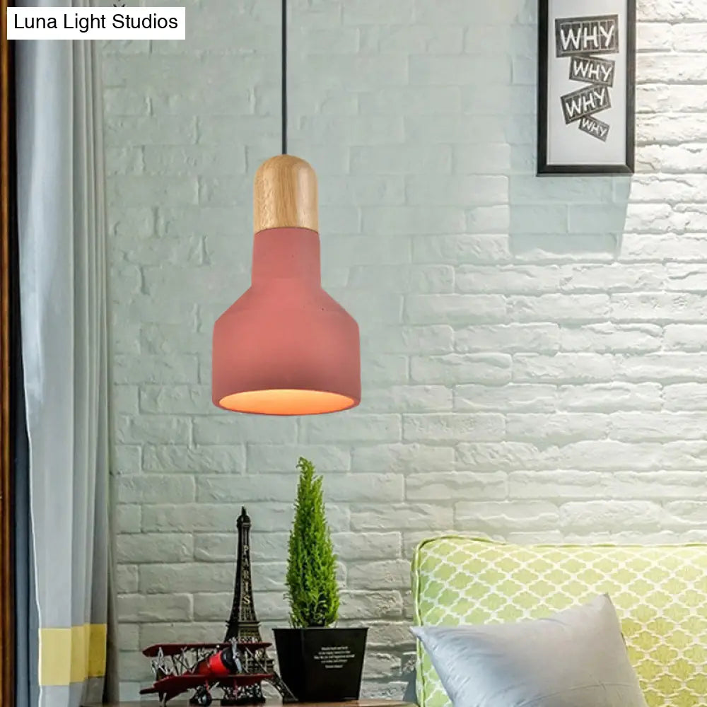 Jar Pendant Light Kit: Industrial Grey/Red/Blue Cement Hanging Lamp with Wood Top - 1-Bulb