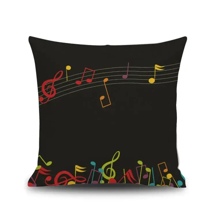 Black linen throw pillow with vibrant colorful notes piano graphic pattern for living room decorbites letter notes decor