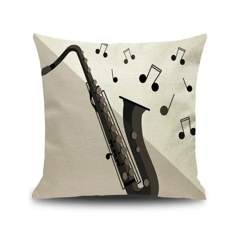 Beige linen throw pillow with stylized black saxophone and notes piano graphic for living room decorbites letter notes decor