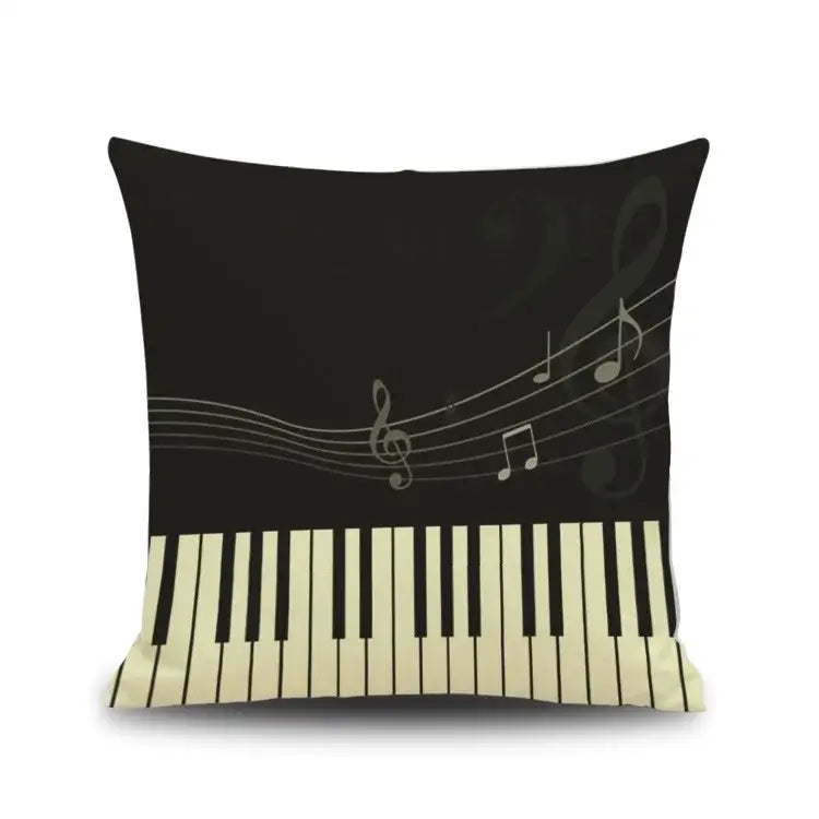 Black linen throw pillow featuring cream and silver notes piano graphic design for living room decorbites letter notes